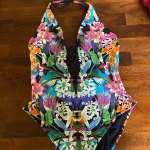 Bleu Rod Beattie floral lace up front one piece